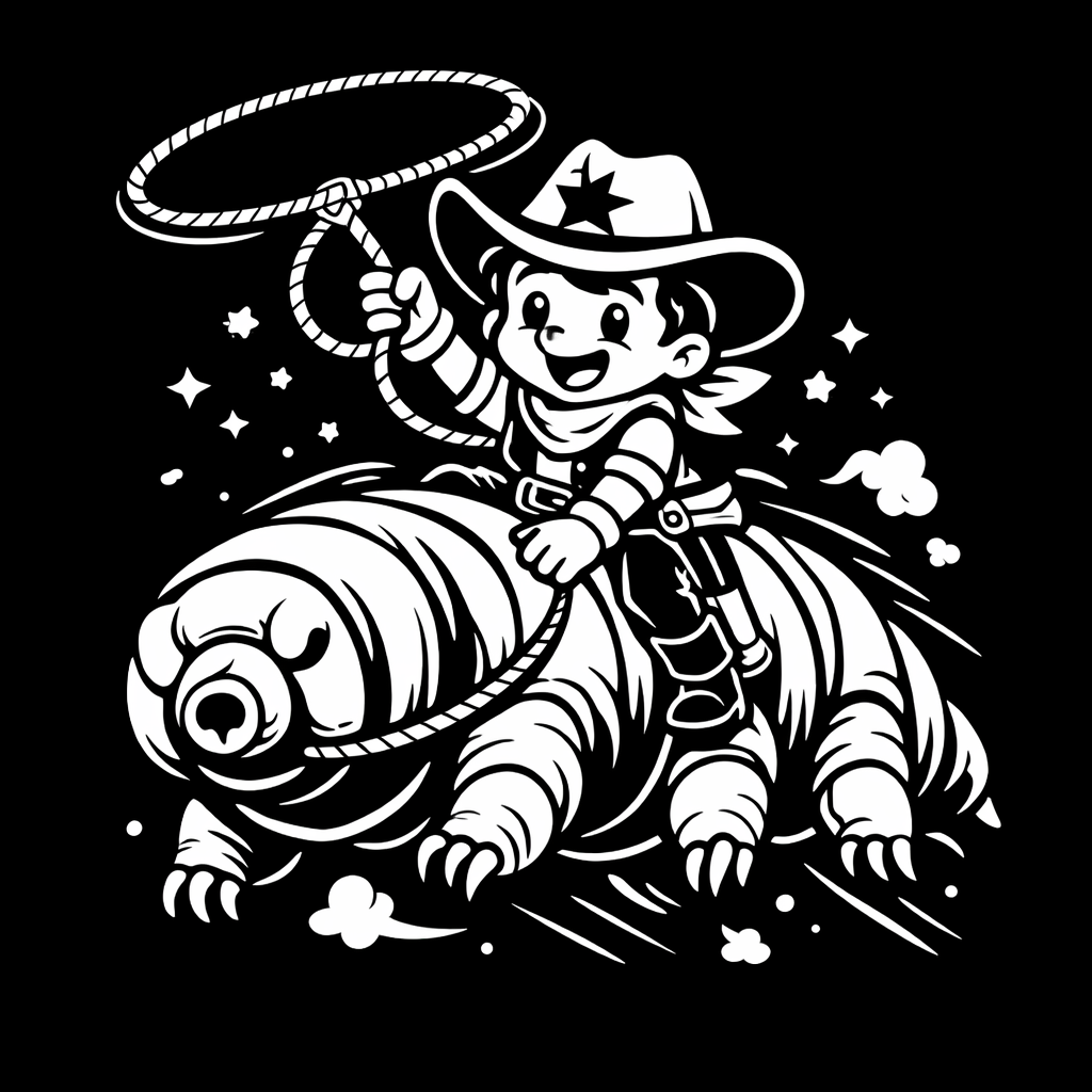 Black-and-white artwork of a cowboy kid riding a tardigrade