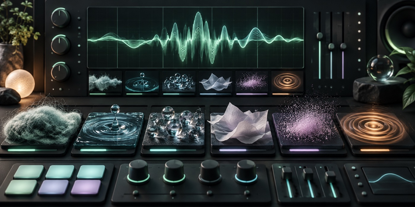 A soft glowing sound sculpture surrounded by tactile waveforms