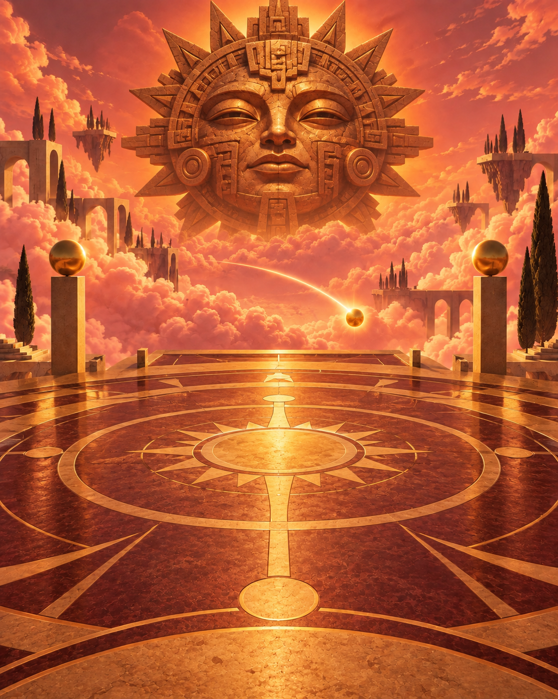 A glowing ball arcs above a circular SunCourt arena beneath a carved solar guardian