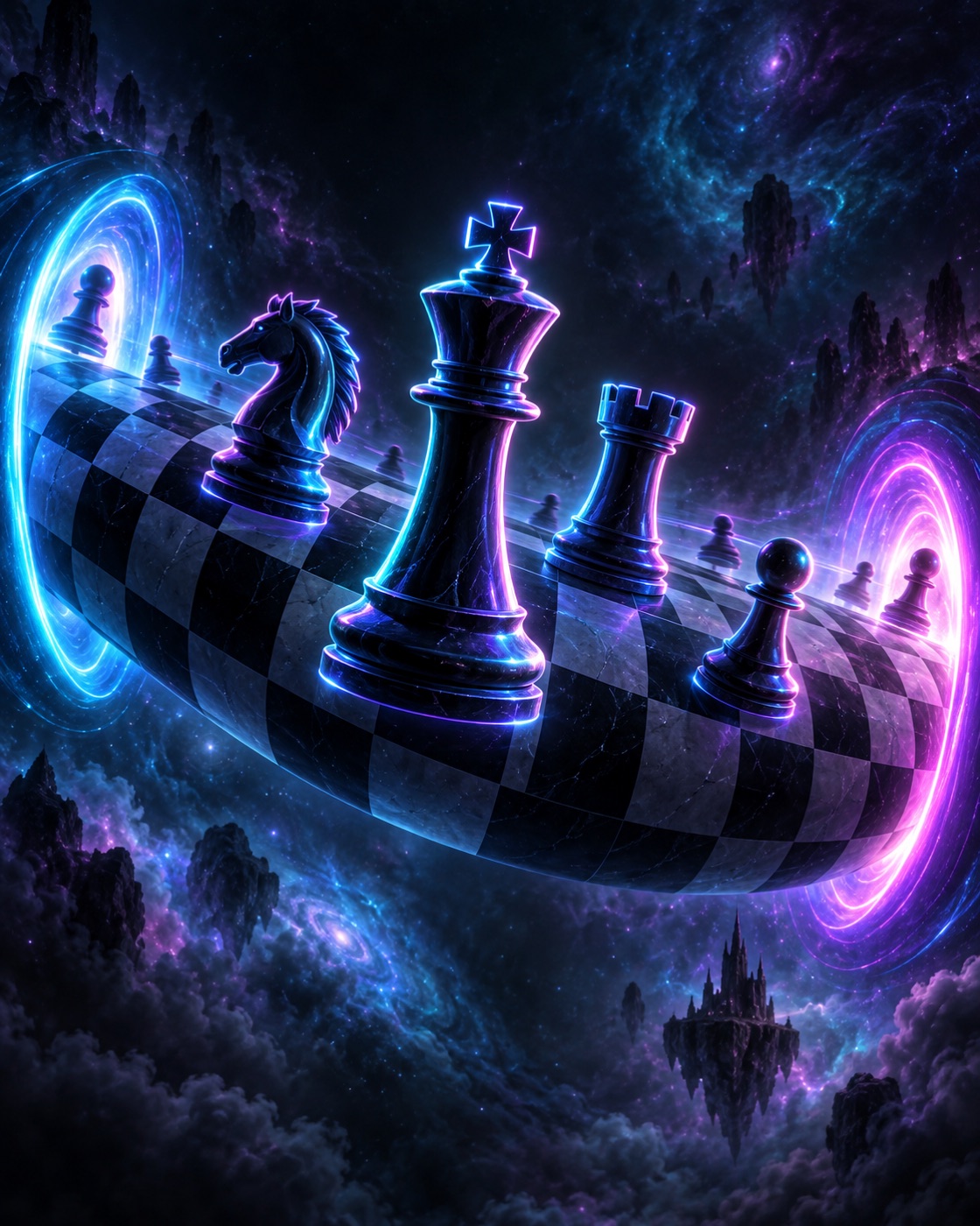 Fluorescent chess pieces crossing a curved portal board