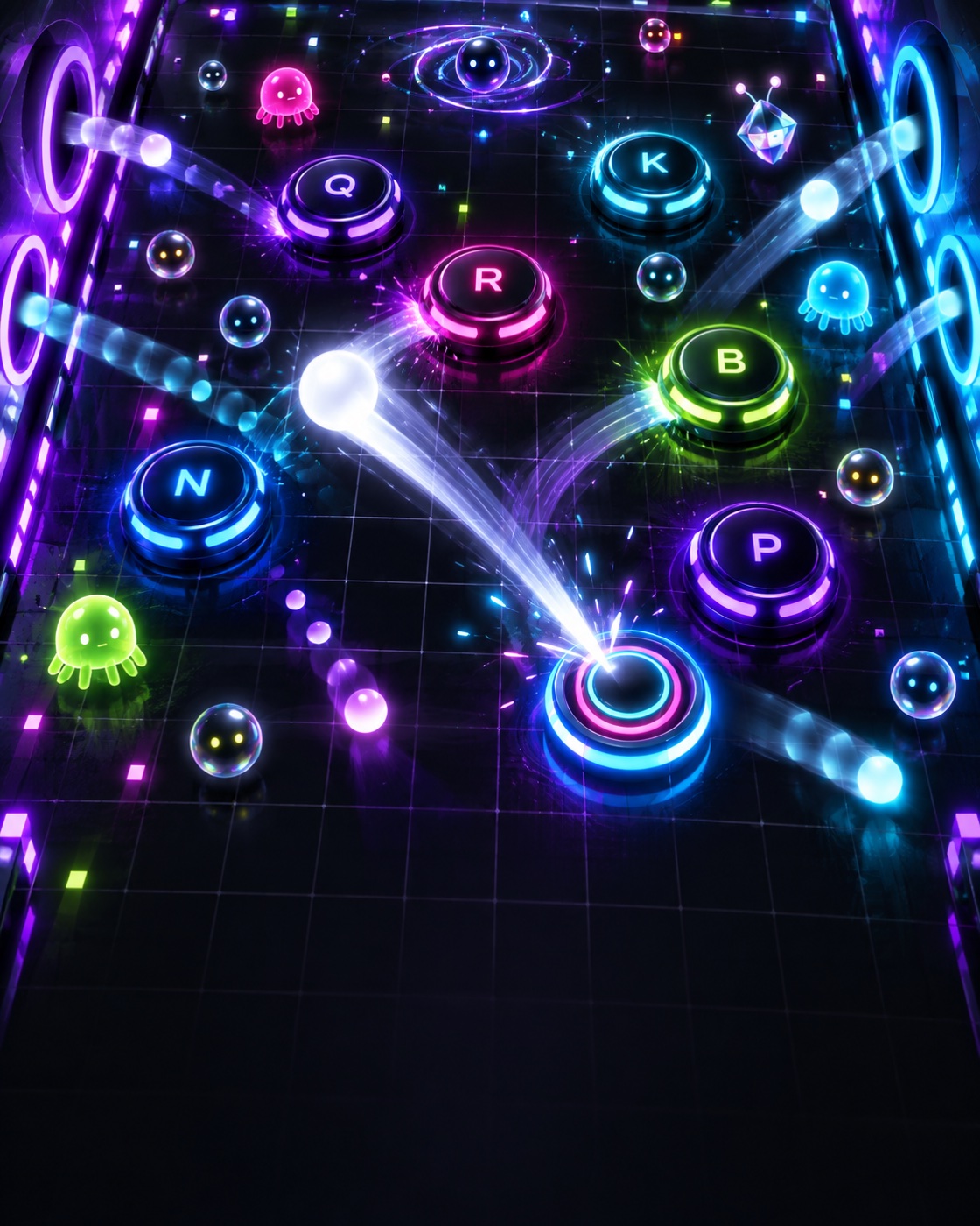 A neon puck ricocheting through a portal court